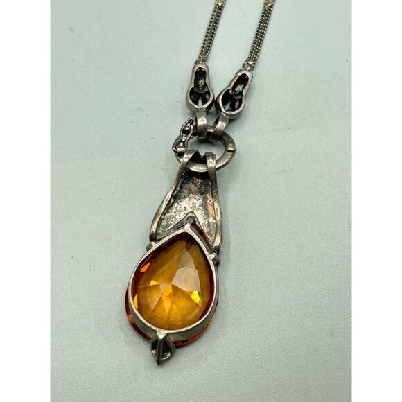 Sterling Silver Marcasite Pendant Necklace Cognac Glass Stone Removable Pendant - Picture 14 of 14